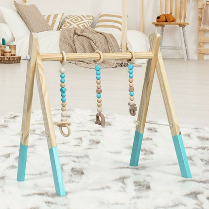 Baby Activity Gym, Wooden Foldable Frame, 3 Hanging Toys – Blue