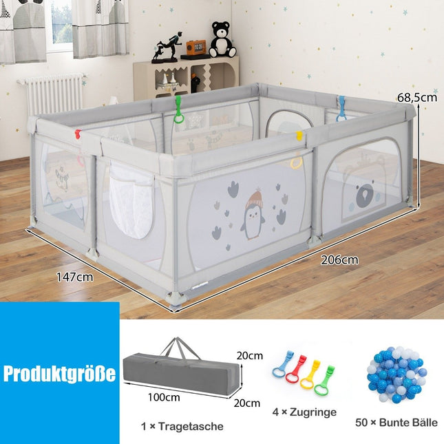 Dětská ohrádka s 50 míčky, 2 dvířky, prodyšnou síťovinou a zipem, tučňáci