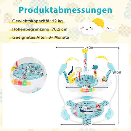 Dětské skákadlo Sky Jumperoo s nastavitelnou výškou, hračkami a hracím boxem, chodítko, světle modrá