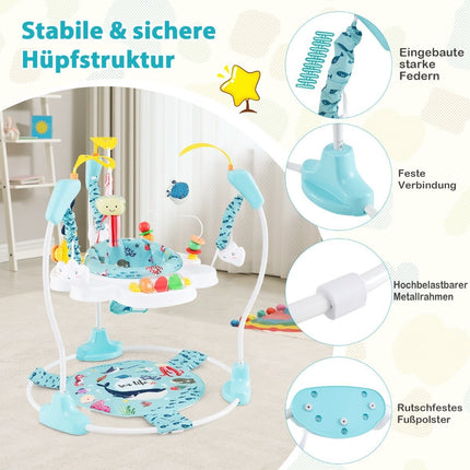 Dětské skákadlo Sky Jumperoo s nastavitelnou výškou, hračkami a hracím boxem, chodítko, světle modrá