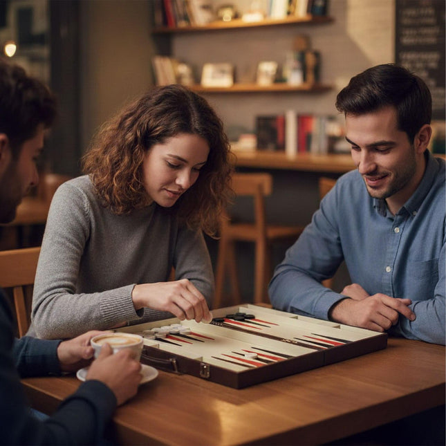 Sada backgammon s koženým povrchem a pouzdrem