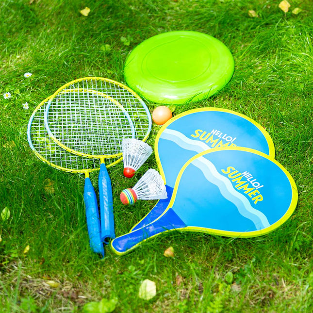 Badmintonová a plážová sada: 2 rakety, košíčky, frisbee