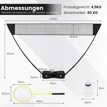 Badmintonnetstandaard, draagbaar shuttlecockspel met rackets, complete badmintonset zwart
