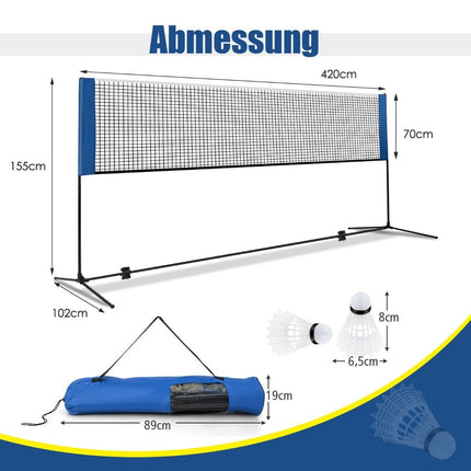 Badmintonová síť se stojanem, výškově nastavitelná, se 2 košíčky a taškou 420 x 102 x 89-155 cm