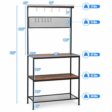 Baker's Rack, 4-Tier Shelving with Hooks and Mesh Panel