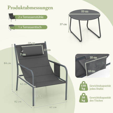 Sestava balkonového nábytku 3 kusy. Sestava zahradního nábytku se 2 židlemi a stolem, balkonový set s prodyšnou tkaninou sedáku šedá