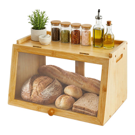 Bamboo Bread Bin with Viewing Window and Top Shelf, Natural