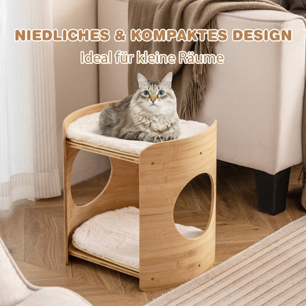 Bamboo Cat Bed with Removable Plush Mats, 2 Levels