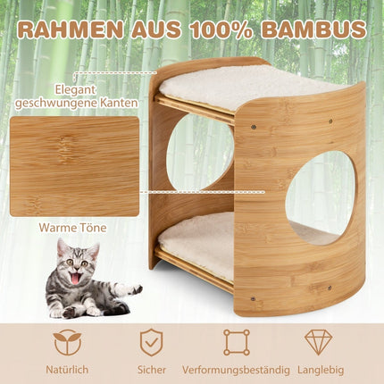Bamboo Cat Bed with Removable Plush Mats, 2 Levels