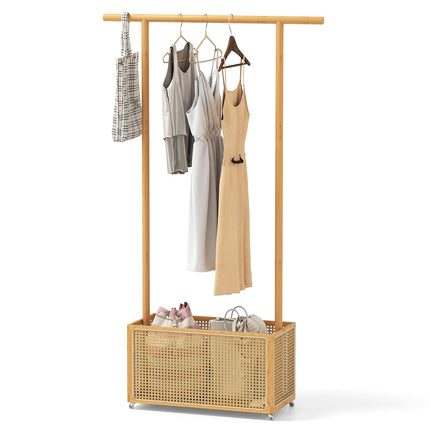 Bamboo Clothes Rack with Rattan Basket & Wheels, 100x32.5x172 cm