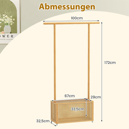 Bamboo Clothes Rack with Rattan Basket & Wheels, 100x32.5x172 cm