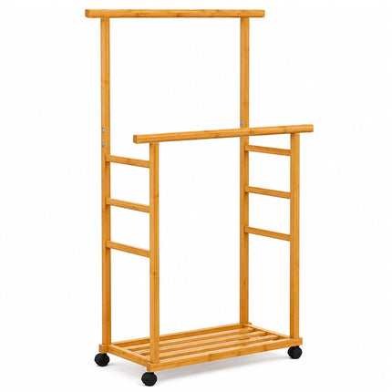 Bamboo Clothes Rack with Wheels, 2 Rails, Natural Finish