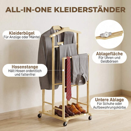 Bamboo Clothes Rack with Wheels, Compact Oak Finish