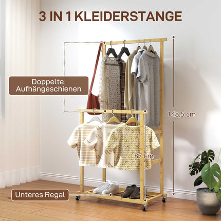 Bamboo Clothes Rack with Wheels, Dual Rods, Shoe Shelf