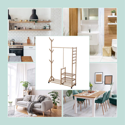 Bamboo Coat Rack with Shelves, Hooks, and Wheels