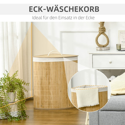 Corner laundry basket in bamboo with lid & removable lining 55L