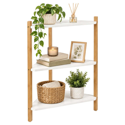 Bamboo Corner Shelf with 3 Triangular Shelves, White, 60 x 46 x 25 cm