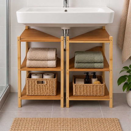 Bamboo Corner Shelf with 3 Triangular Shelves, White, 60 x 46 x 25 cm