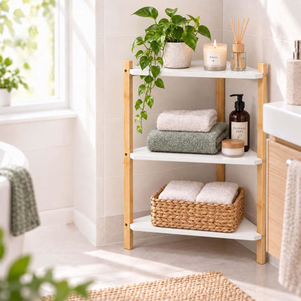 Bamboo Corner Shelf with 3 Triangular Shelves, White, 60 x 46 x 25 cm