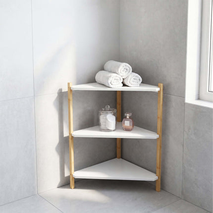 Bamboo Corner Shelf with 3 Triangular Shelves, White, 60 x 46 x 25 cm