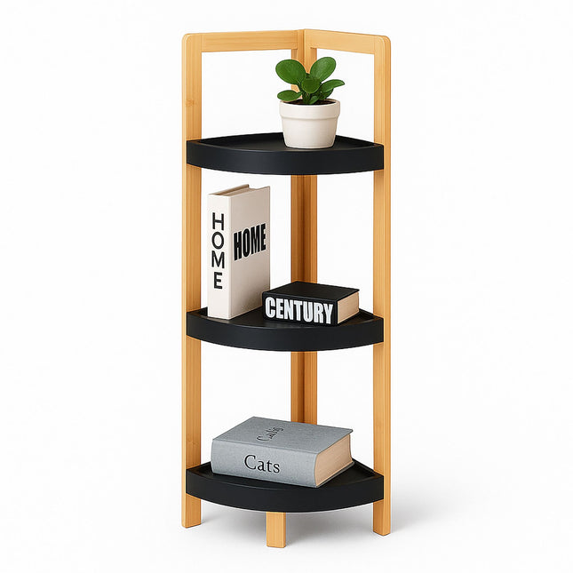 Bambusový rohový regál s policemi, úsporný design