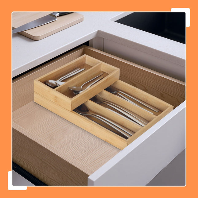 Bamboe besteklade organizer, 2-delig, 6 compartimenten