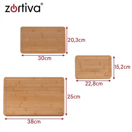 Bamboo Cutting Board Set with Stand – 3 Sizes, Drainage Grooves