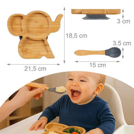 Bambusový dětský set talíř a lžička slon, protiskluzový