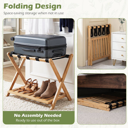 Bamboo Folding Luggage Rack with Straps and Shelves