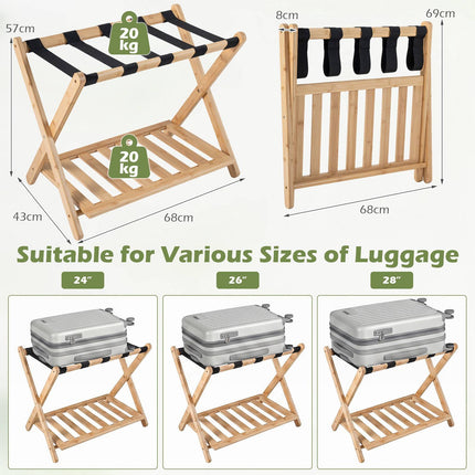 Bamboo Folding Luggage Rack with Straps and Shelves
