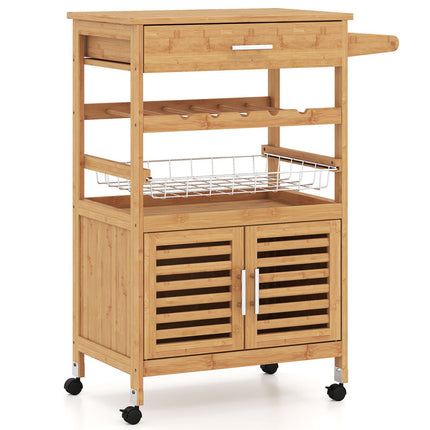 Bamboo Kitchen Island Trolley with Storage Cabinet & Wine Rack