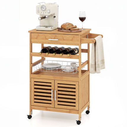 Bamboo Kitchen Island Trolley with Storage Cabinet & Wine Rack