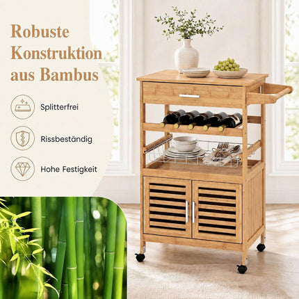 Bamboo Kitchen Island Trolley with Storage Cabinet & Wine Rack