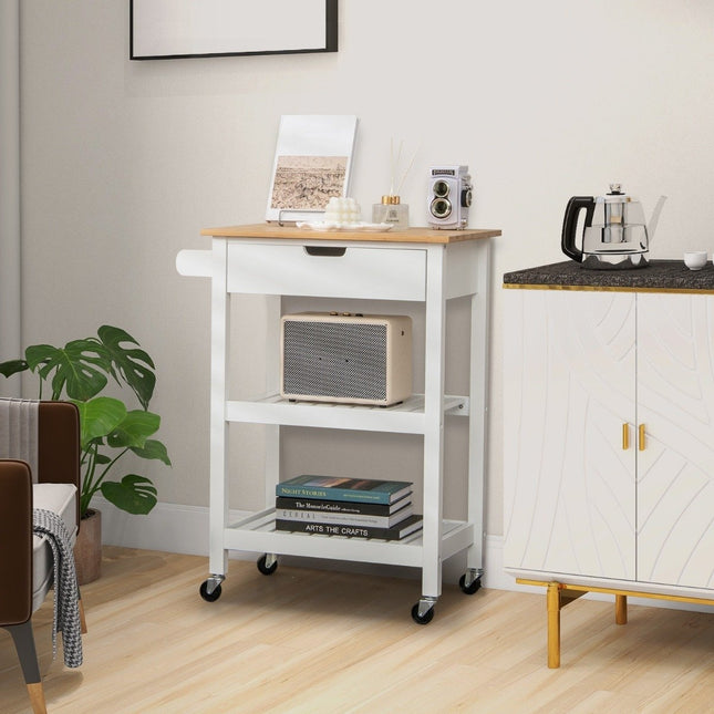 Bamboo Kitchen Island with Pull-Out Drawer & Side Push Handle Rollable Microwave Trolley White