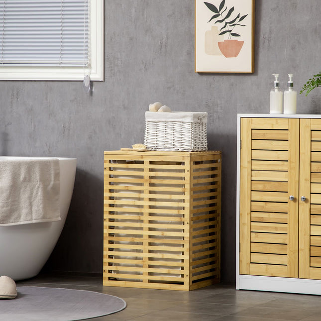Bamboo laundry basket with lid and removable bag, 63L capacity