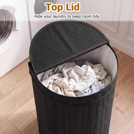 Bamboo Laundry Hamper 72 L with Zippered Lid and Liner, Black, Foldable