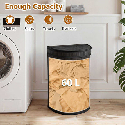 Bamboo Laundry Hamper 72 L with Zippered Lid and Liner, Black, Foldable