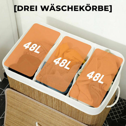 Bamboo Laundry Hamper With Lid, 3 Compartments, 144L