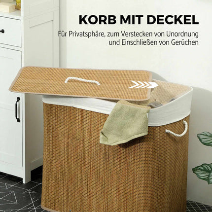 Bamboo Laundry Hamper With Lid, 3 Compartments, 144L