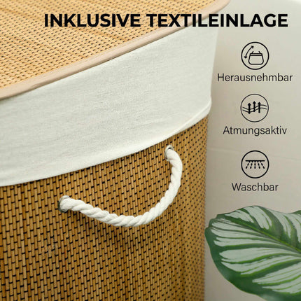 Bamboo Laundry Hamper With Lid, 3 Compartments, 144L
