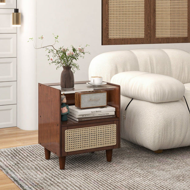 Bamboo & Rattan Nightstand with Drawer, Hidden Storage