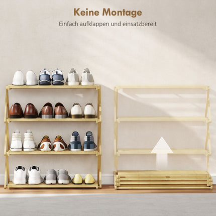 Bamboo Shoe Rack, 4-Tier, Holds 12 Pairs, 60x29x67 cm