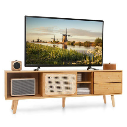 Bambusový TV stolek pro televize do 65 ", TV konzole v mid-century modern stylu 140 x 31 x 45.5 cm přírodní