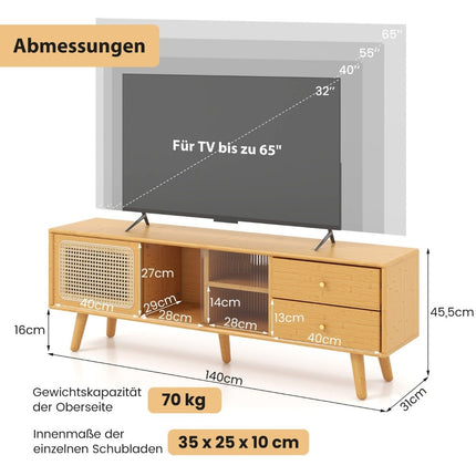 Bambusový TV stolek pro televize do 65 ", TV konzole v mid-century modern stylu 140 x 31 x 45.5 cm přírodní