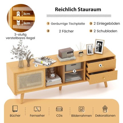 Bambusový TV stolek pro televize do 65 ", TV konzole v mid-century modern stylu 140 x 31 x 45.5 cm přírodní