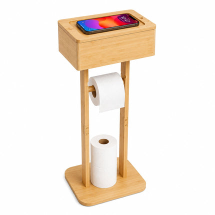 Bamboo Toilet Roll Holder with Storage Shelf and Smartphone Stand