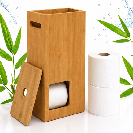 Bamboo Toilet Roll Storage Box with Lid for 8 Rolls, Natural, 50 cm