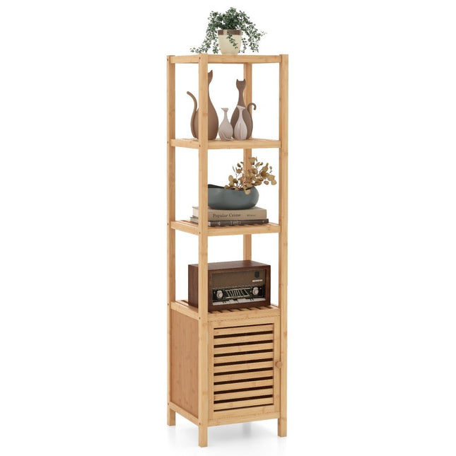 Badkamerplank van bamboe met 4 plankenniveaus en lamellendeur 34 x 33 x 140 cm naturel