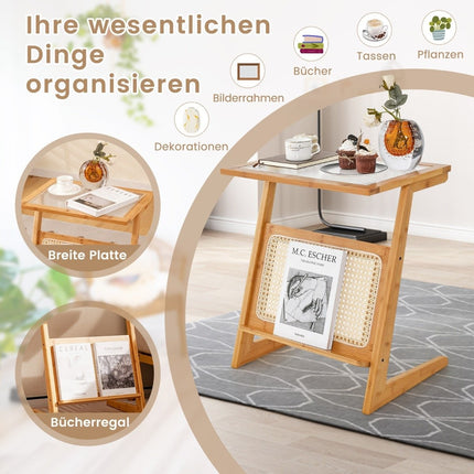 Bamboo side table with rattan magazine holder & glass top Z-shaped coffee table sofa table