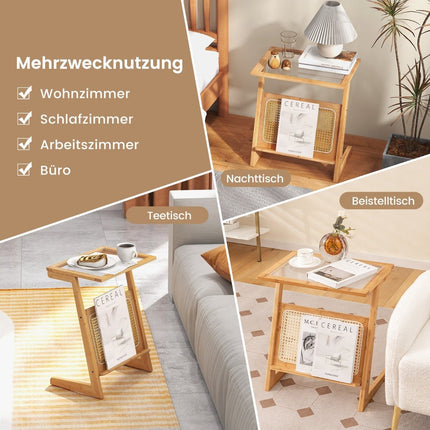 Bamboo side table with rattan magazine holder & glass top Z-shaped coffee table sofa table